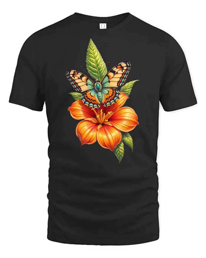 Colorful Butterfly Flower T Shirt Botanical Nature Style - black t-shirt on white background