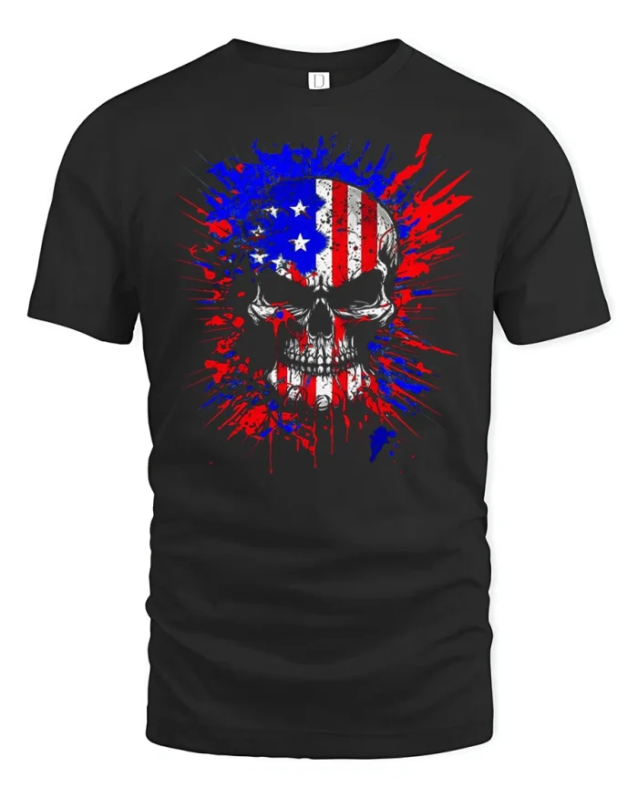 American Flag Skull Graphic Tee Patriotic Gothic Style T Shirt - black t-shirt on white background