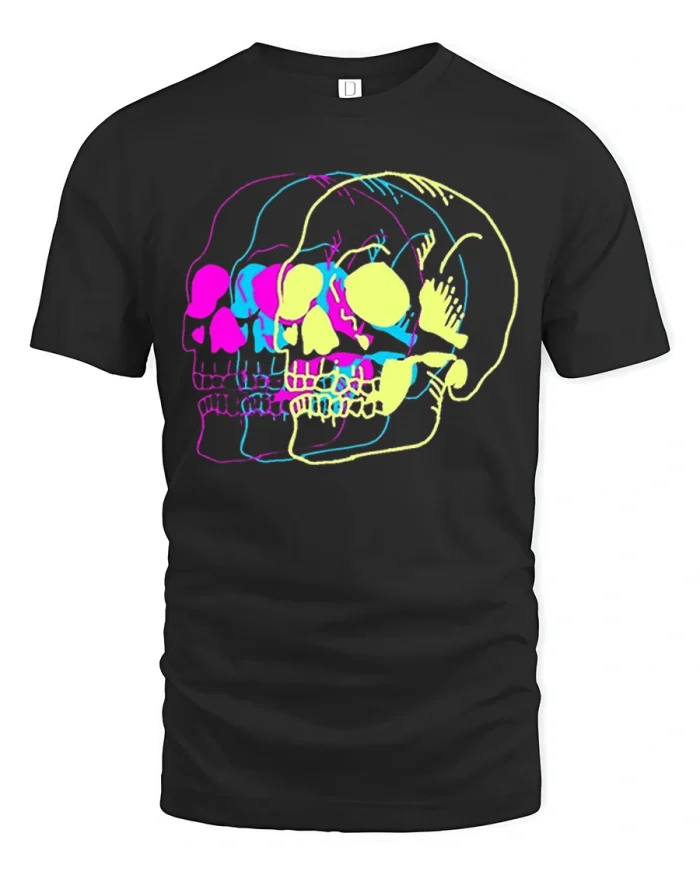 Neon Triple Skull Graphic Tee Retro Gothic Streetwear T Shirt - black t-shirt on white background