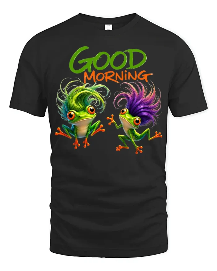 Funny Good Morning Frogs Graphic Tee Colorful Cartoon T Shirt - black t-shirt on white background