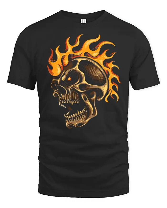 Flaming Skull Graphic Tee Vintage Gothic Fire Skeleton Tshirt - black t-shirt on white background