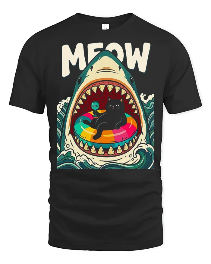 Funny Shark Cat T Shirt Meow Ocean Animal Graphic Design - black t-shirt on white background