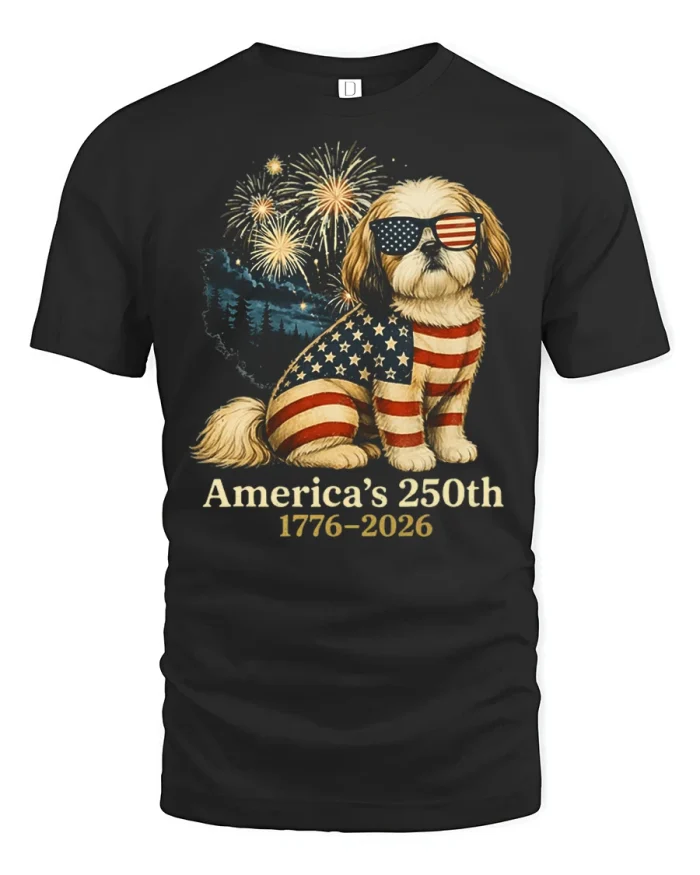 America 250th Anniversary Dog T Shirt Patriotic USA Design - black t-shirt on white background