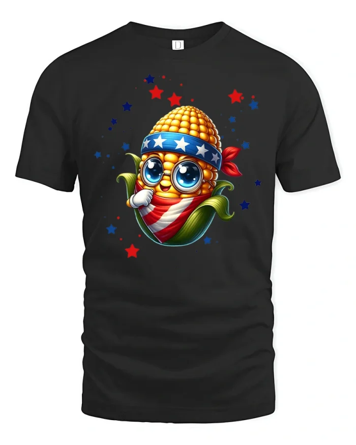 Patriotic Corn T Shirt Funny American Flag USA Graphic Design - black t-shirt on white background