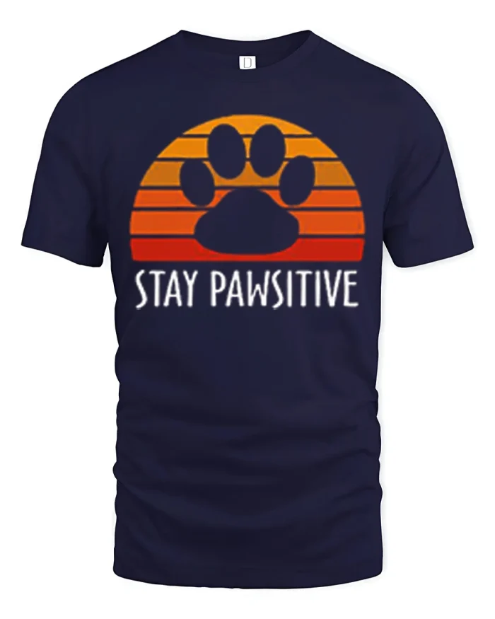 Stay Pawsitive Dog T Shirt Funny Paw Print Sunset Graphic - navy t-shirt on white background