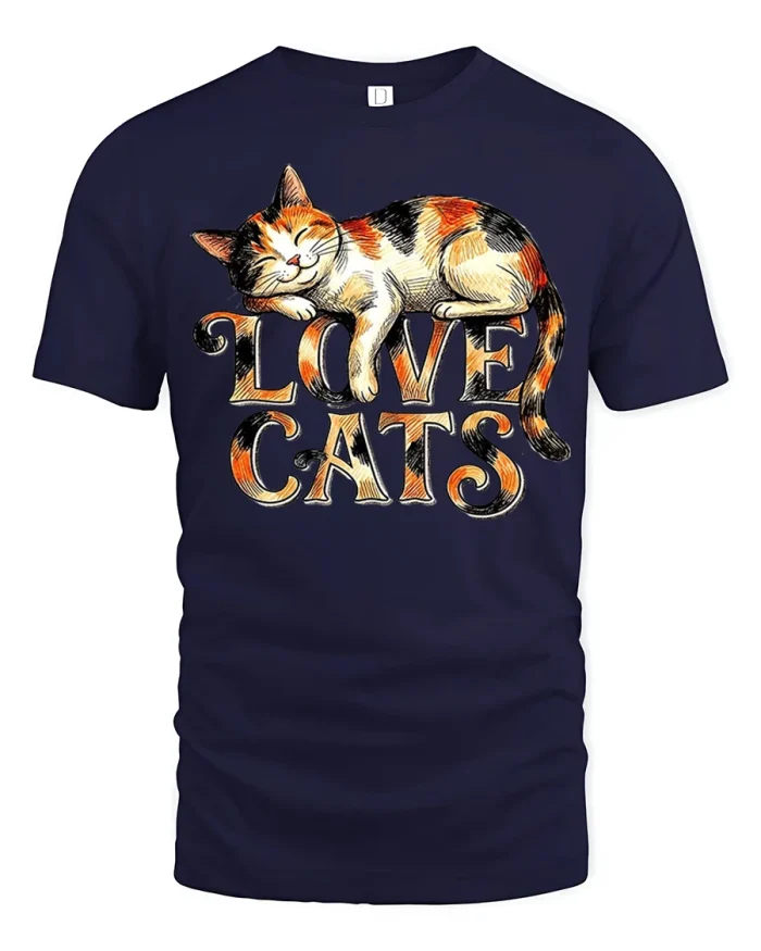 Love Cats Vintage Sleeping Calico Cat Graphic Tee Cute Pet Shirt - navy t-shirt on white background