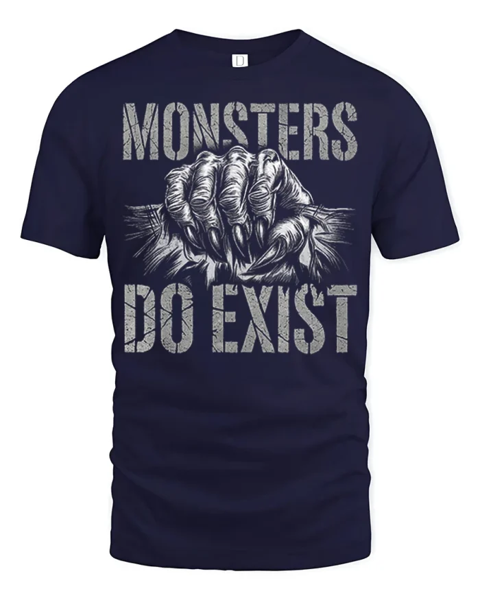 Monsters Do Exist Horror Monster Claw Graphic Tee Vintage Style - navy t-shirt on white background