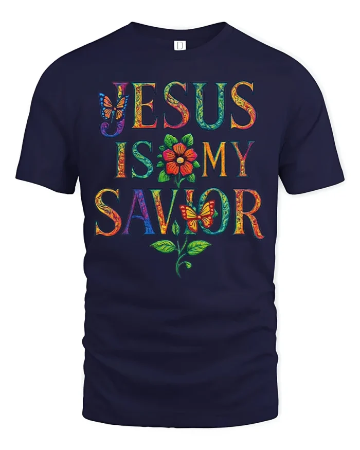 Jesus Is My Savior Christian Floral Butterfly Graphic Tee Faith - navy t-shirt on white background