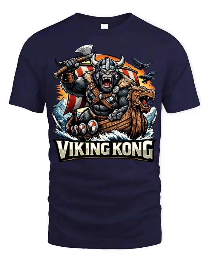 Viking Kong Warrior Graphic Tee Legendary Norse Beast Adventure Tshirt - navy t-shirt on white background