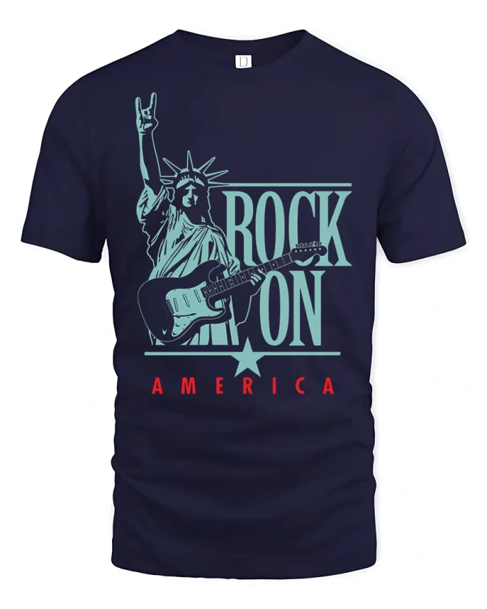 Rock On America Statue of Liberty Guitar Graphic Tee Tshirt - navy t-shirt on white background