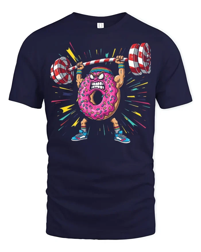 Angry Donut Weightlifting Graphic Tee Funny Gym Fitness Tshirt - navy t-shirt on white background