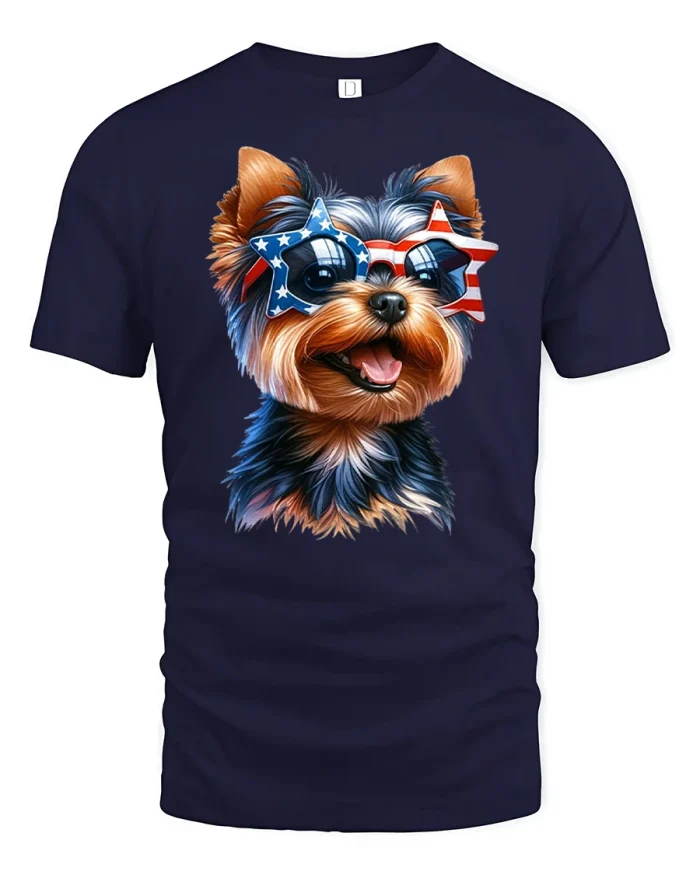 Patriotic Yorkshire Terrier Graphic Tee USA Flag Sunglasses Tshirt - navy t-shirt on white background