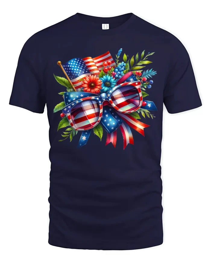 Patriotic American Flag Sunglasses Floral Graphic Tee USA Tshirt - navy t-shirt on white background
