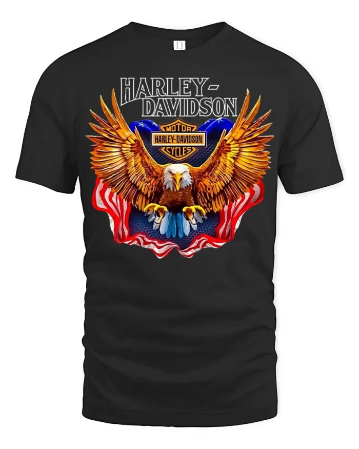 American Eagle Biker Graphic T Shirt Patriotic Vintage Style Tee - black t-shirt on white background