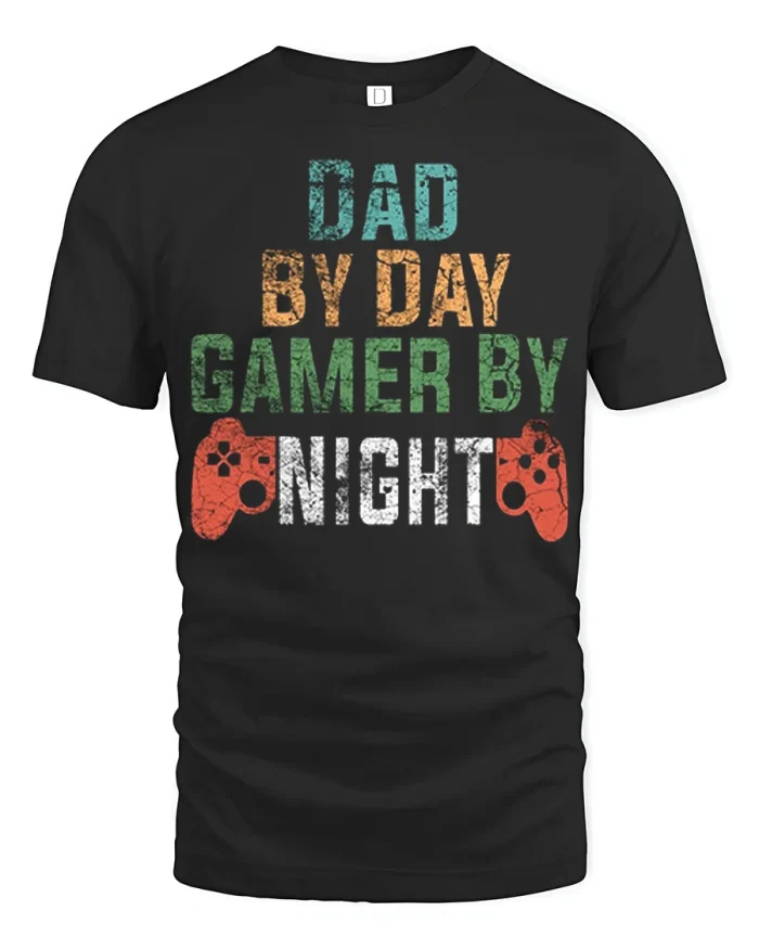 Dad By Day Gamer By Night Funny Retro Gaming T Shirt - black t-shirt on white background