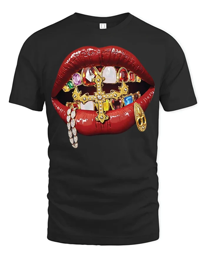 Luxury Red Lips Gold Cross Grillz Graphic T Shirt Fashion Art - black t-shirt on white background