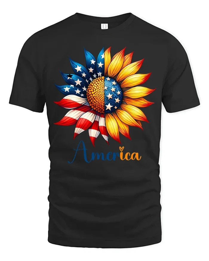 America Patriotic Sunflower Flag Graphic T Shirt Independence Style - black t-shirt on white background