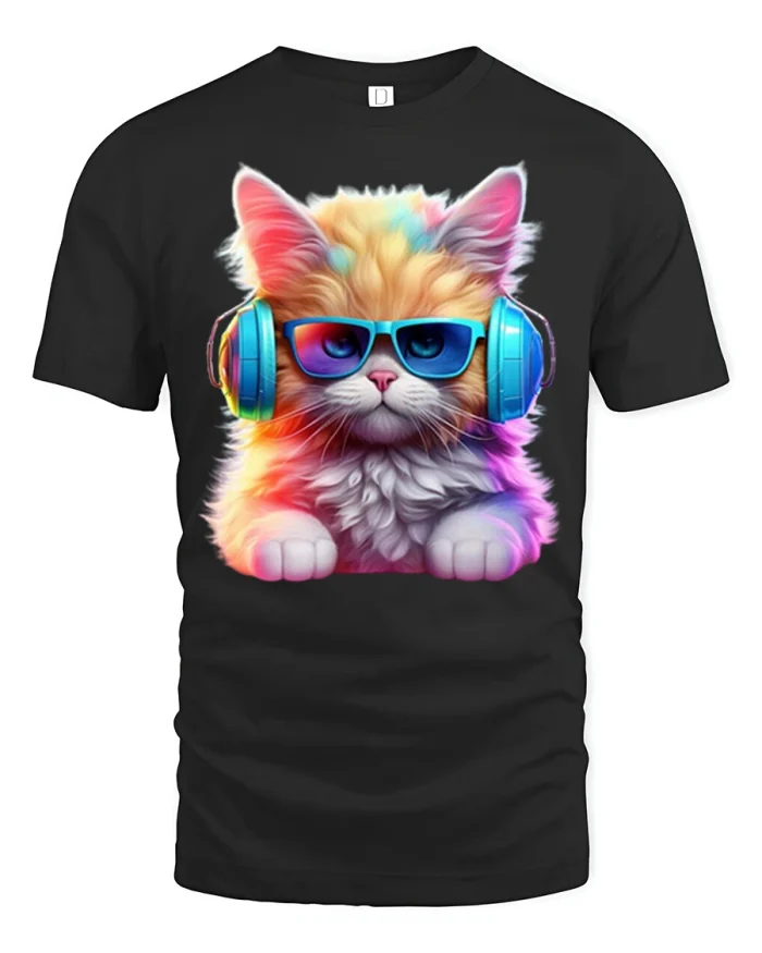 Cool DJ Cat With Headphones And Sunglasses Graphic T Shirt - black t-shirt on white background