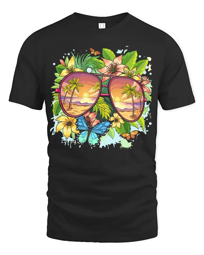 Tropical Sunset Sunglasses Beach Floral Graphic T Shirt Paradise Style - black t-shirt on white background