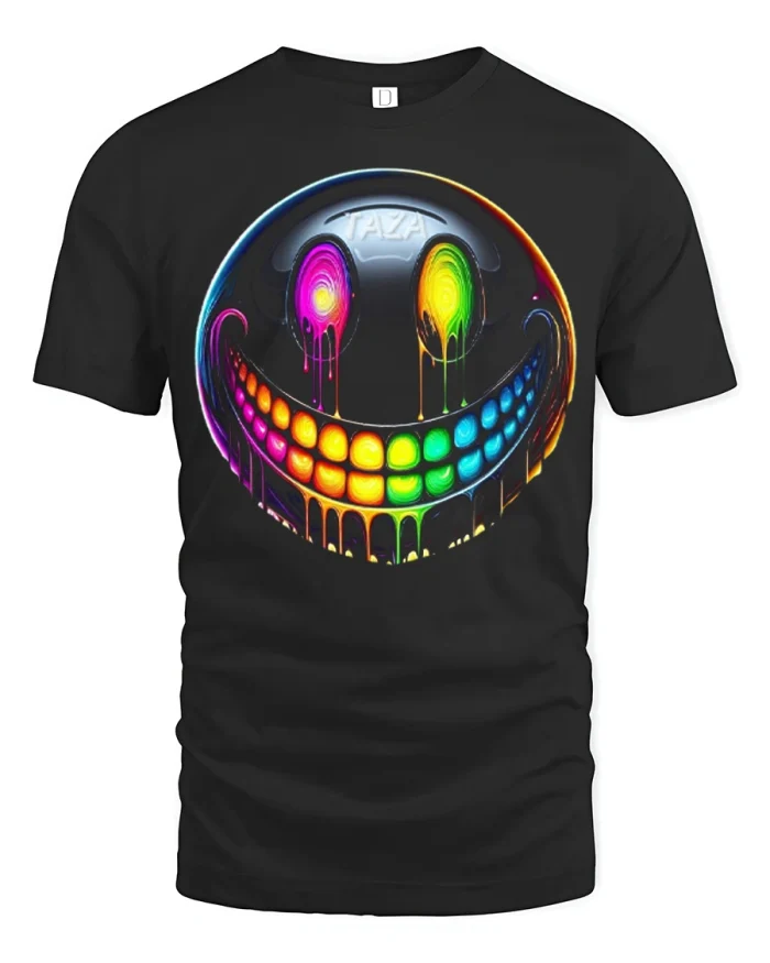 Rainbow Dripping Smile Face Graphic T Shirt Colorful Retro Tee - black t-shirt on white background