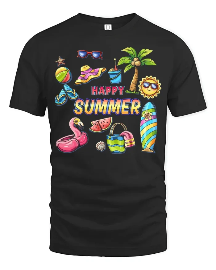 Happy Summer Beach Vacation Graphic T Shirt Colorful Fun Tee - black t-shirt on white background