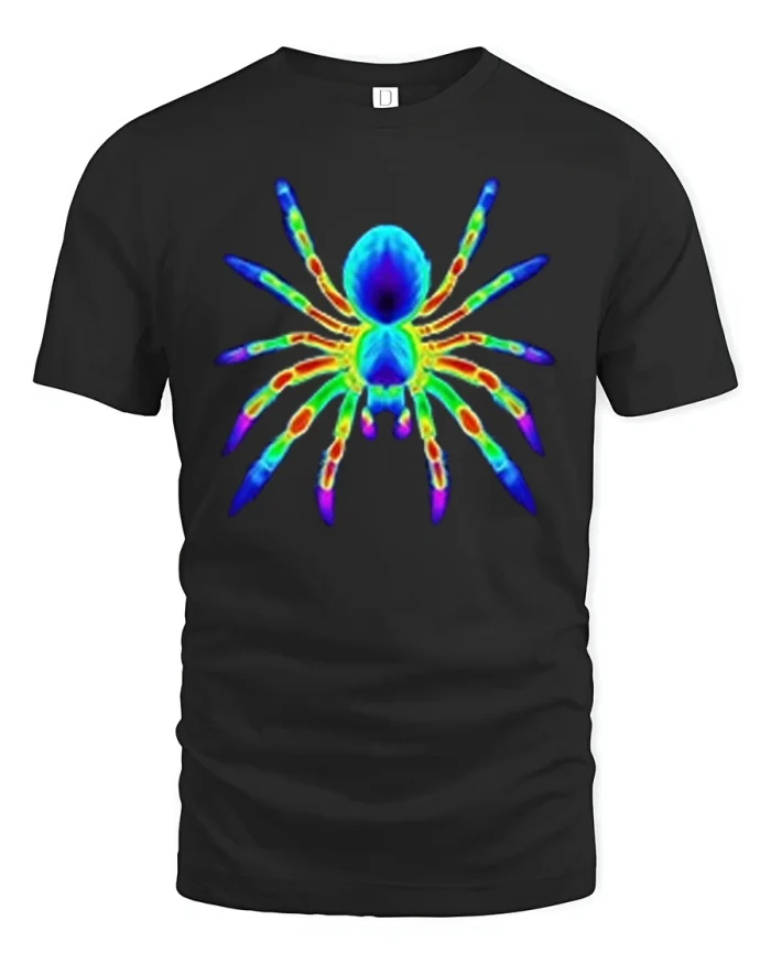 Colorful Neon Spider Graphic T Shirt Psychedelic Art Style Tee - black t-shirt on white background