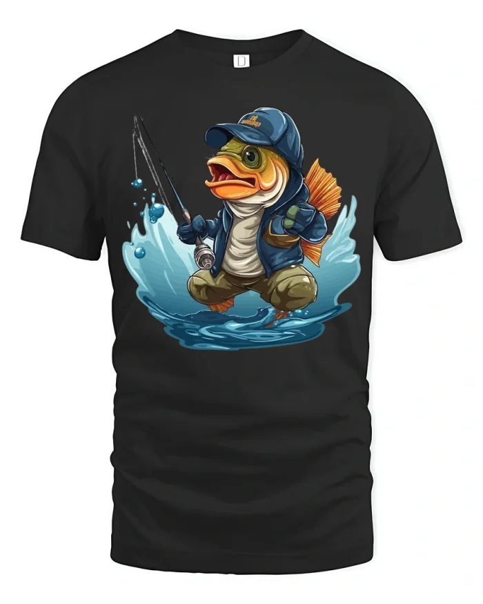 Funny Fishing Fish Graphic T Shirt Cartoon Angler Adventure Tee - black t-shirt on white background
