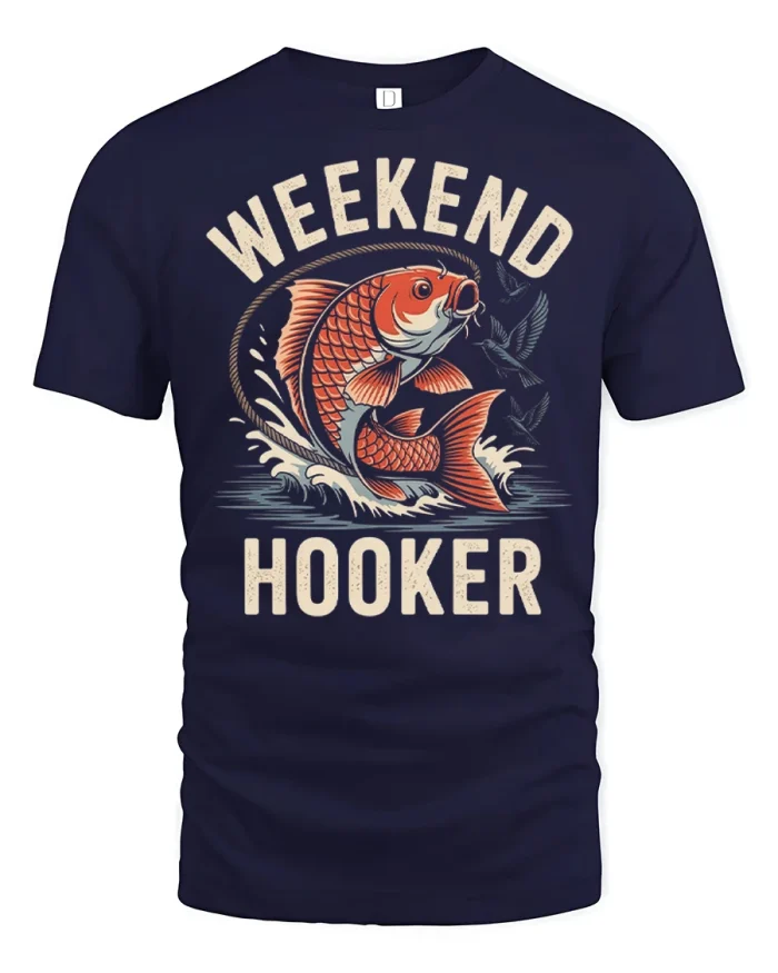 Weekend Hooker Funny Fishing Graphic T Shirt Vintage Angler Tee - navy t-shirt on white background