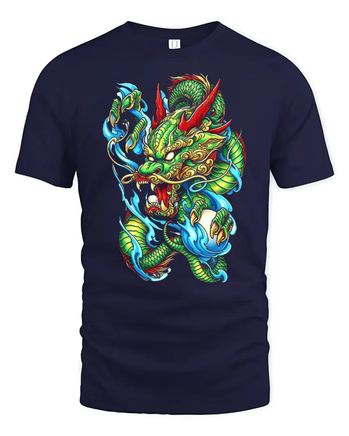 Japanese Green Dragon Graphic T Shirt Mythical Warrior Art Tee - navy t-shirt on white background