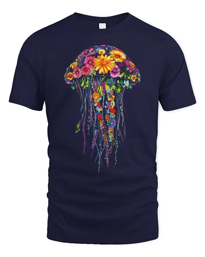 Colorful Floral Jellyfish Nature Art Graphic T Shirt Vintage Style - navy t-shirt on white background