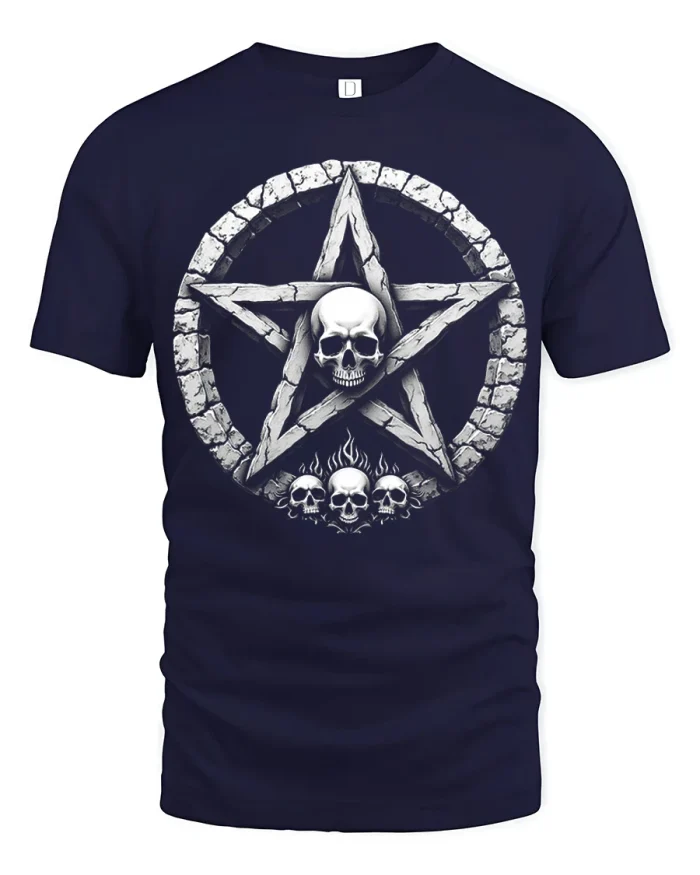 Gothic Skull Pentagram Graphic T Shirt Dark Occult Vintage Style - navy t-shirt on white background