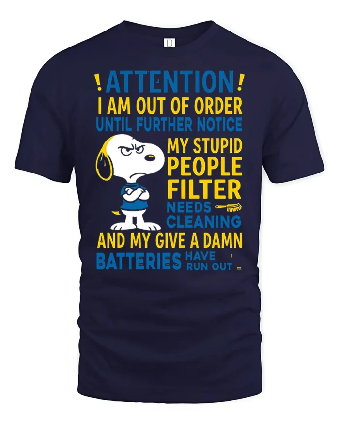 Attention I Am Out Of Order Funny Grumpy Cartoon Dog T Shirt - navy t-shirt on white background