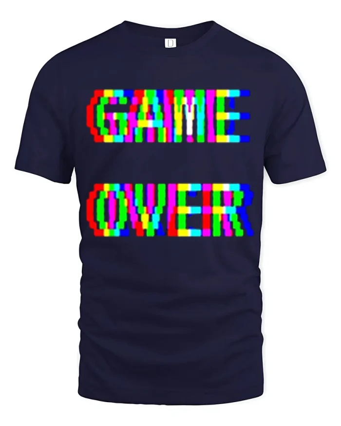 Game Over Glitch Pixel Graphic Gamer T Shirt Retro Arcade Style - navy t-shirt on white background