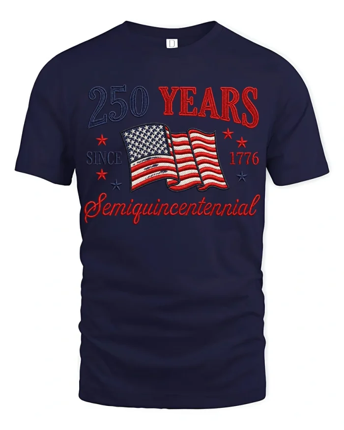 250 Years Semiquincentennial American Flag Patriotic Tee Shirt - navy t-shirt on white background