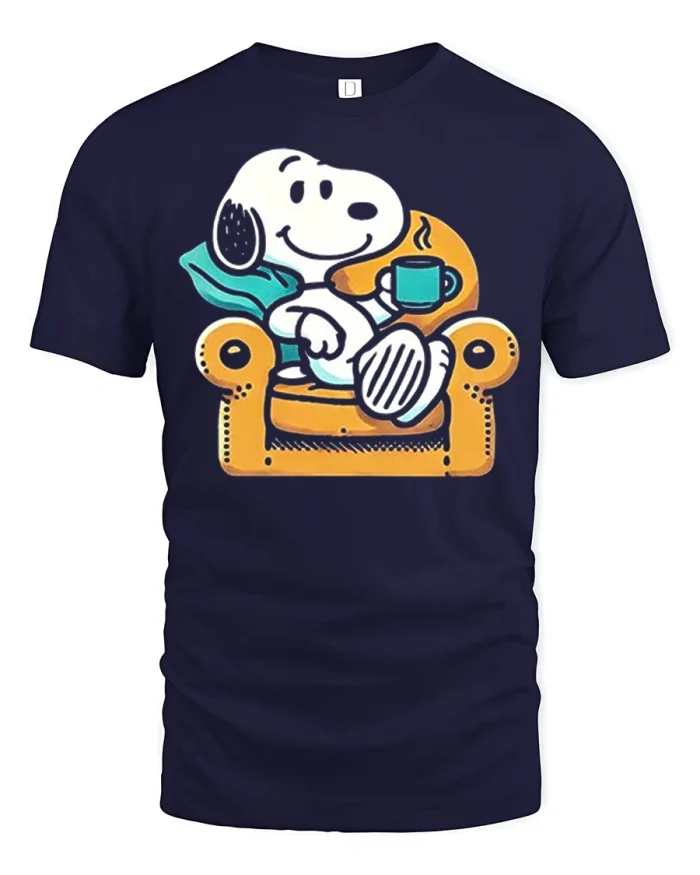 Relaxing Coffee Time Cute Beagle Cartoon Graphic Tee Shirt - navy t-shirt on white background