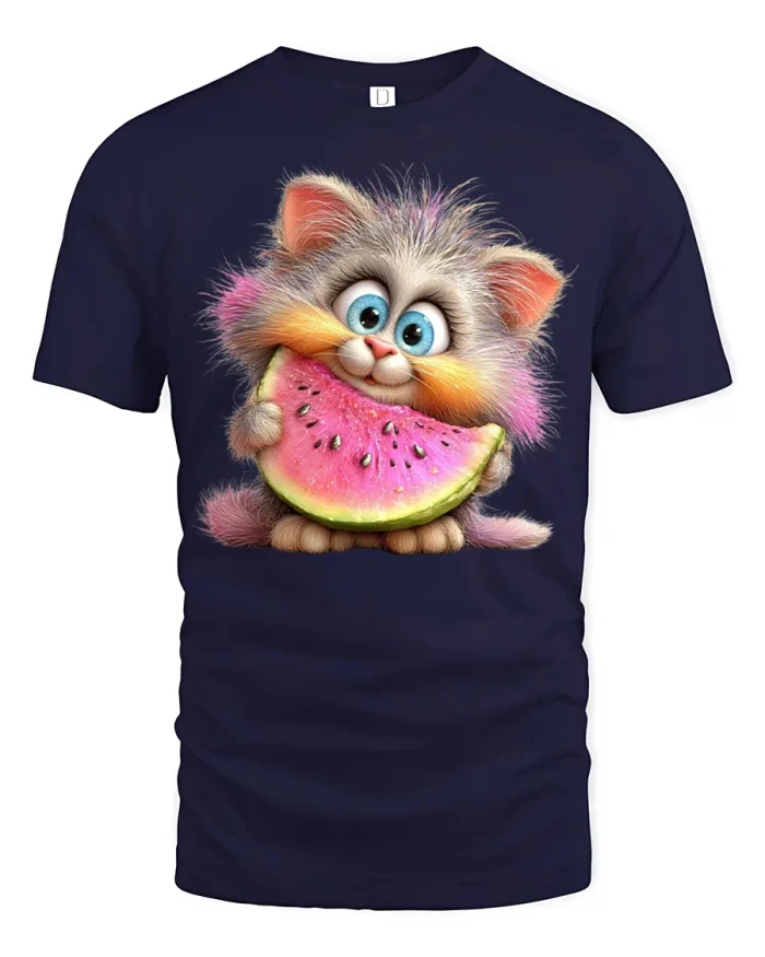 Cute Kitten Eating Watermelon Funny Summer Graphic Tee Shirt - navy t-shirt on white background