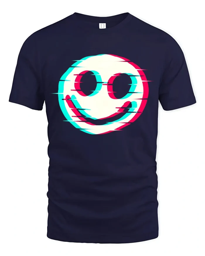 Retro Glitch Smiley Face Graphic Tee Vintage Aesthetic Tshirt - navy t-shirt on white background