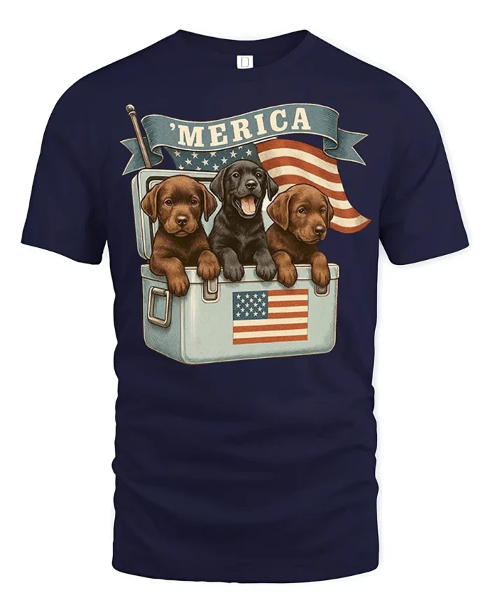 Merica Patriotic Labrador Puppies American Flag Graphic Tee Shirt - navy t-shirt on white background