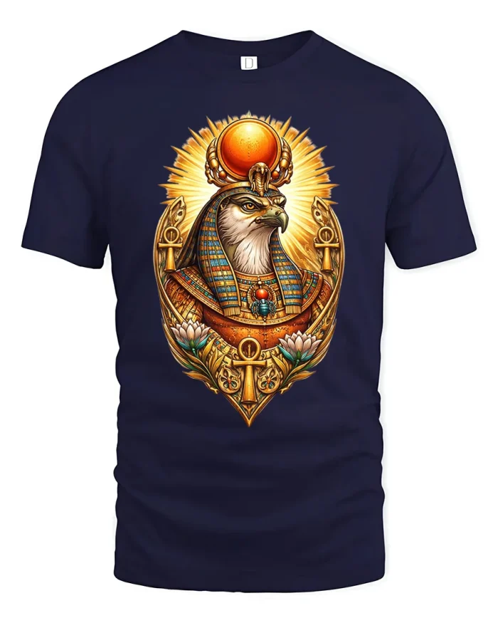 Egyptian Falcon God Ancient Mythology Graphic Tee Shirt Design - navy t-shirt on white background