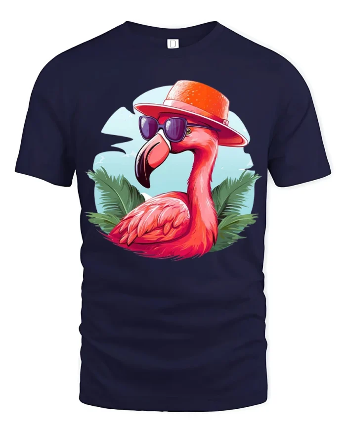 Funny Flamingo With Sunglasses Tropical Summer Graphic Tee Shirt - navy t-shirt on white background
