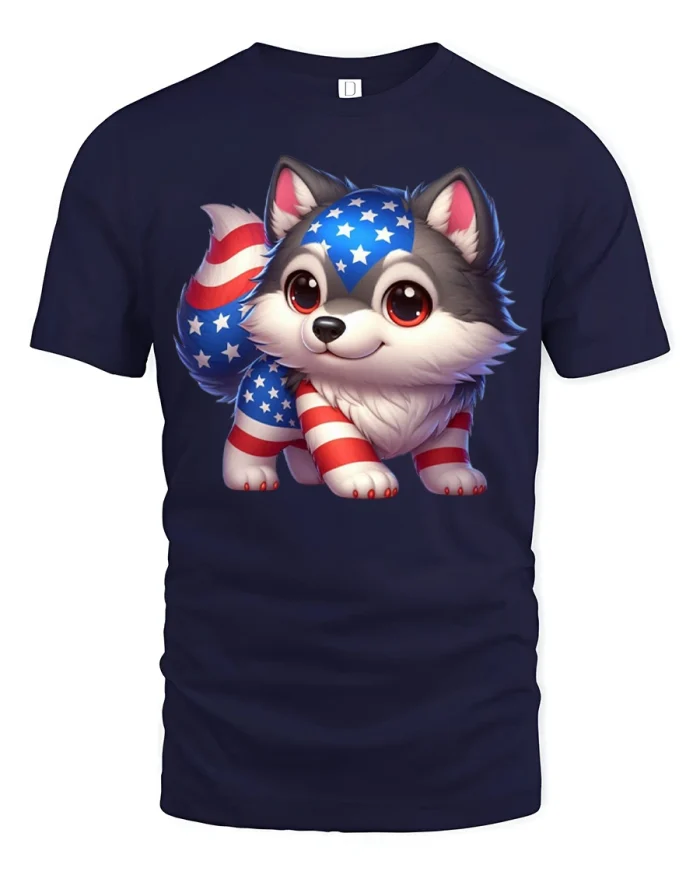 Patriotic American Flag Husky Puppy Cute Graphic Tee Shirt - navy t-shirt on white background
