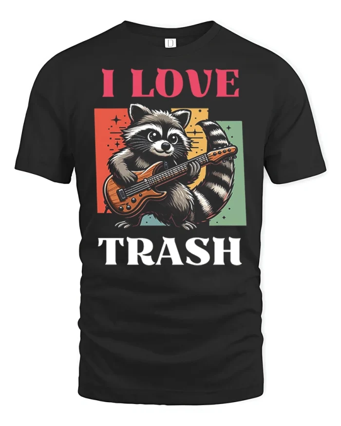 I Love Trash Funny Raccoon Guitar Graphic Tee Vintage Tshirt - black t-shirt on white background