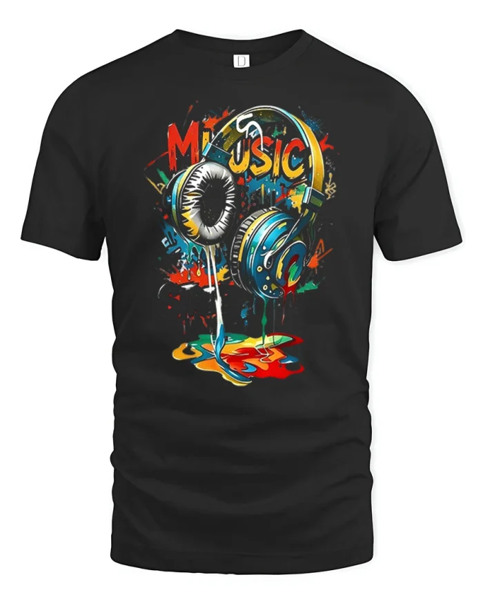 Music Headphones Graphic T Shirt Colorful Soundwave Art - black t-shirt on white background