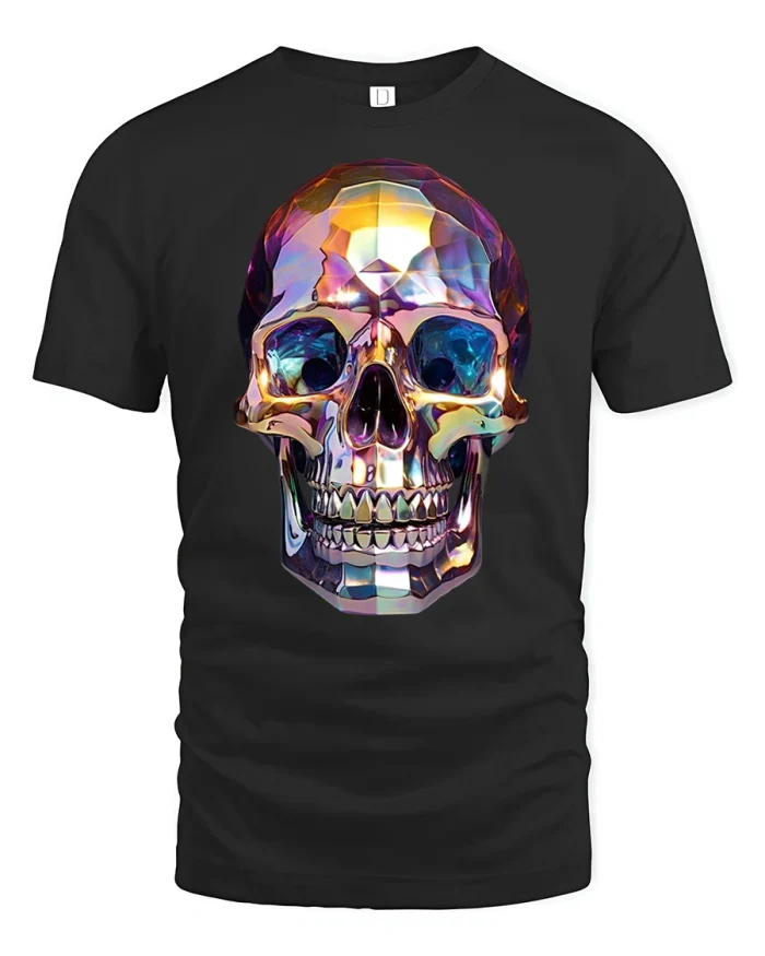 Colorful Skull Graphic T Shirt Iridescent Gothic Art Design - black t-shirt on white background