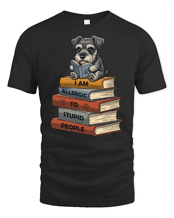 Funny Dog Book Lover Graphic T Shirt Allergic To Stupid People - black t-shirt on white background