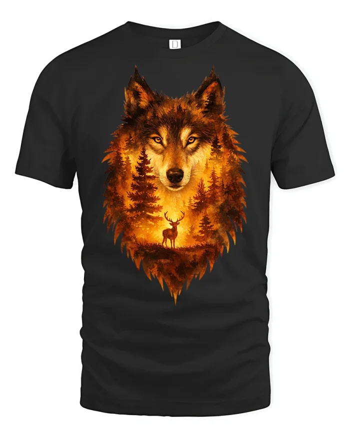 Majestic Wolf Forest Wildlife Graphic Tee Nature Lover Tshirt - black t-shirt on white background