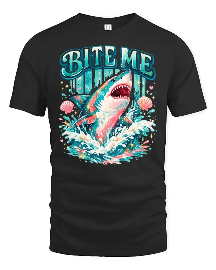 Bite Me Funny Shark Splash Graphic T Shirt Ocean Humor Tee - black t-shirt on white background