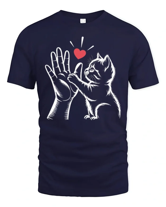 Cute Kitten High Five Graphic T Shirt Cat Lover Heart Tee - navy t-shirt on white background