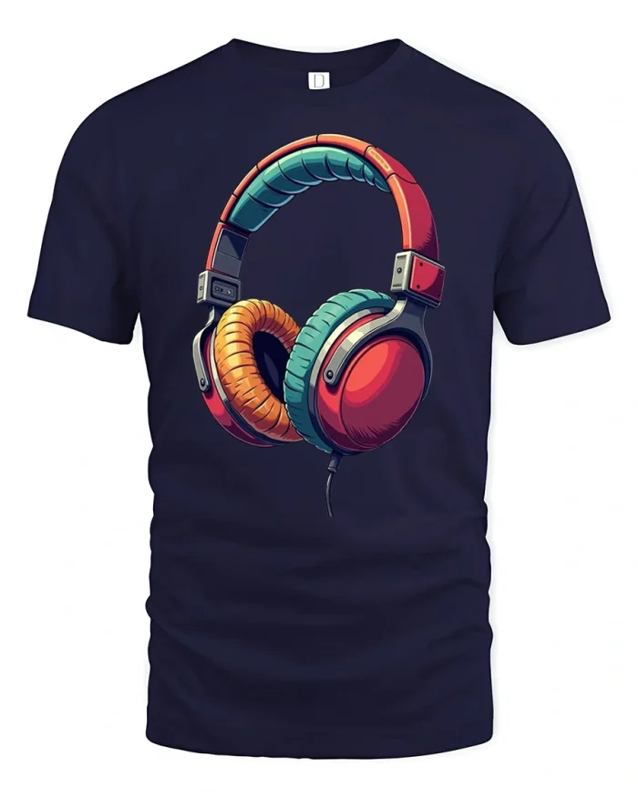 Vintage Colorful Headphones Graphic T Shirt Music Lover Tee - navy t-shirt on white background