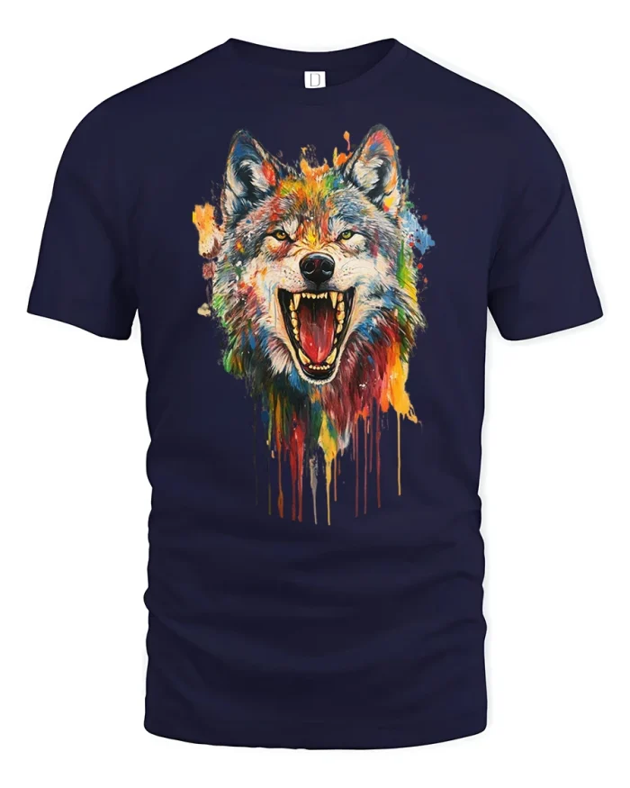 Colorful Howling Wolf Graphic T Shirt Wild Spirit Art Tee - navy t-shirt on white background